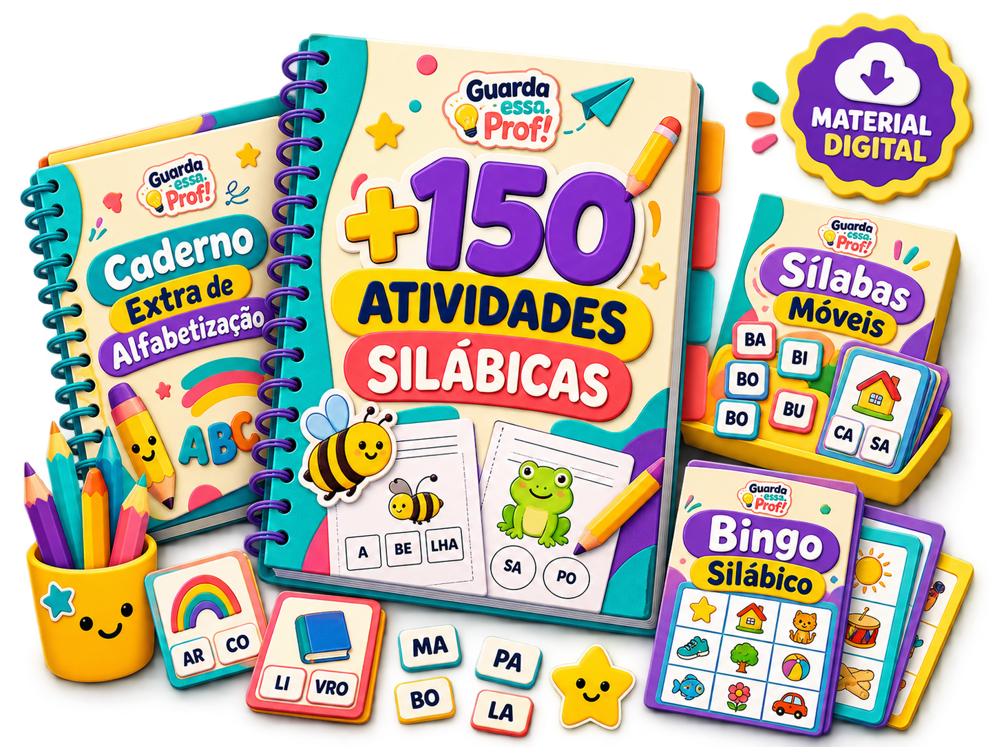 Kit Completo da Prof: caderno "+150 Atividades Silábicas" com os bônus Caderno Extra de Alfabetização, Cartões de Sílabas Móveis e Bingo Silábico, em material digital.