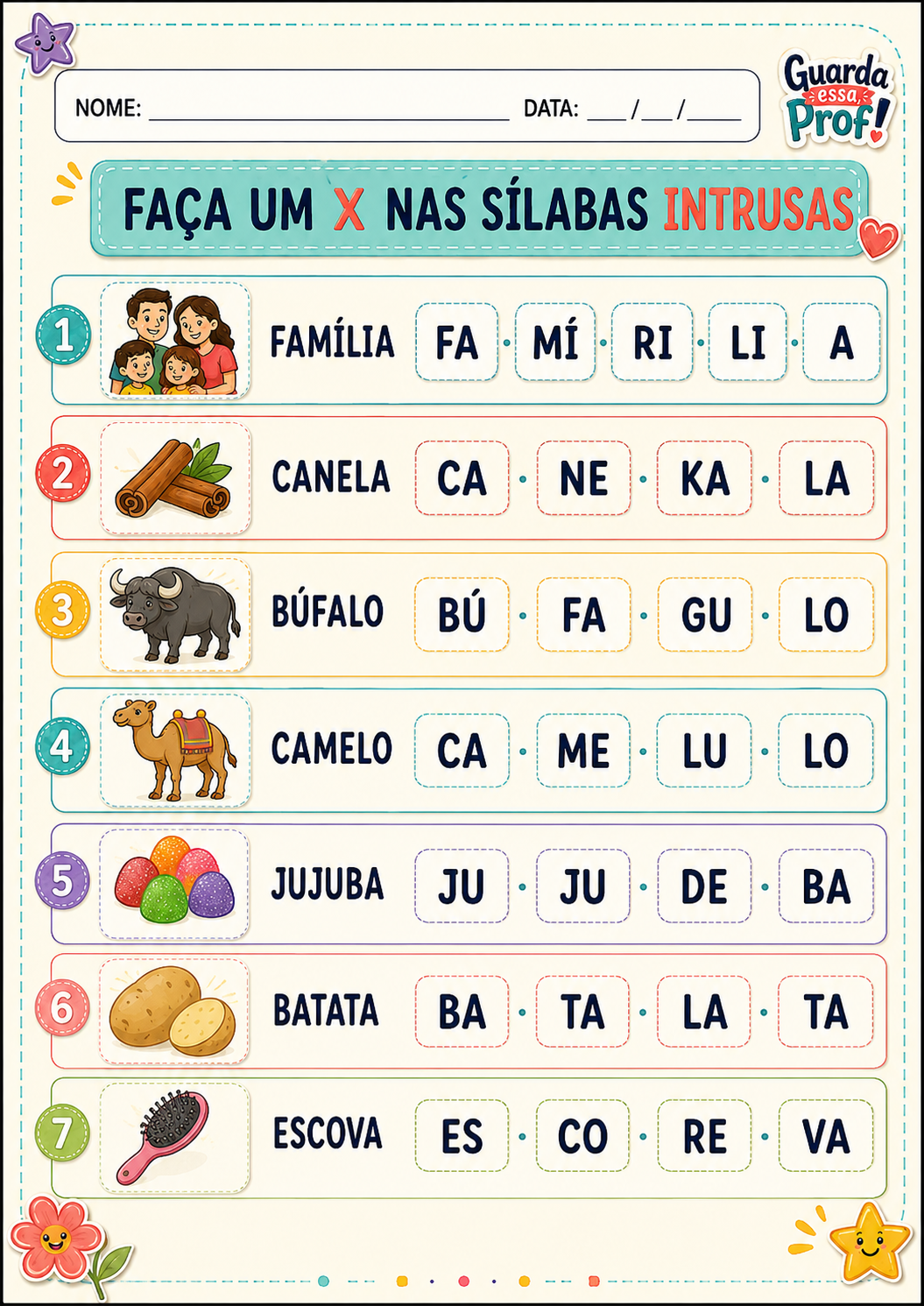 Atividade de marcar um X nas sílabas intrusas em palavras como família, canela, búfalo e camelo.
